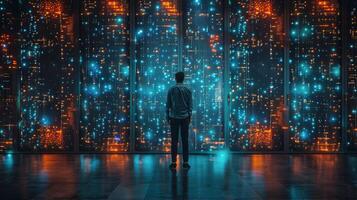 AI generated Man Standing in Front of Wall of Lights photo