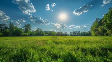 AI generated Sun Shines Brightly Over Grassy Field photo