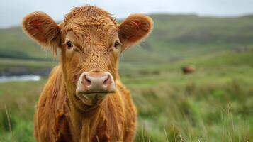 AI generated Brown Cow Standing on Lush Green Field photo