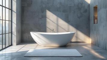ai generado moderno baño con grande blanco bañera y lavabo foto