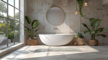 AI generated Modern Bathroom With Large White Bathtub and Sink photo