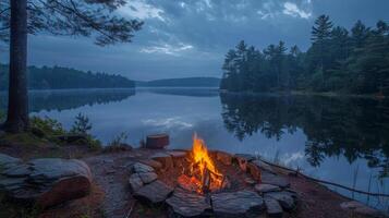 AI generated Campfire Burning on Lake Shore photo