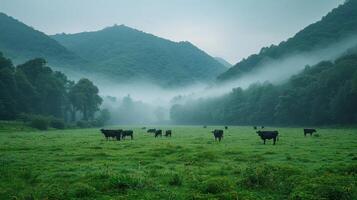 ai generado manada de vacas caminando a través de lozano verde campo foto