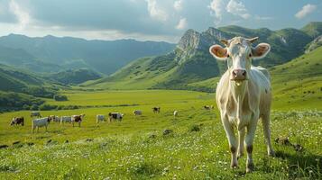 AI generated Cow Grazing in Field With Mountain Background photo