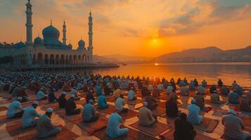 AI generated Group of People Sitting by Water photo