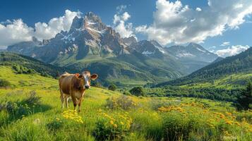 AI generated Cow Standing in Field With Mountains Background photo