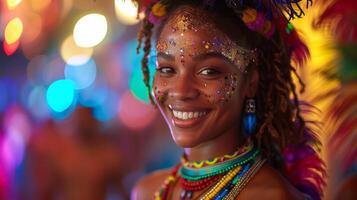 AI generated Woman in Colorful Headdress Smiling photo