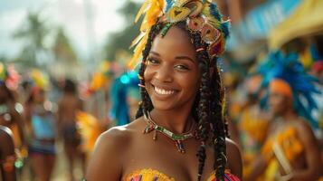 ai generado mujer en vistoso tocado sonriente foto