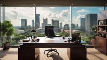 AI generated A ceo's desk with a panoramic view of the corporate campus. Generative AI photo