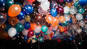 AI generated Colorful balloon drop festive celebration. Generative AI photo