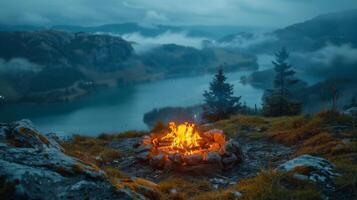 AI generated Campfire Illuminating Mountain Summit photo