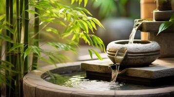 ai generado un zen jardín con un calmante bambú agua fuente. generativo ai foto