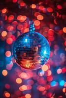 AI generated Disco Ball Hanging With Background Lights photo