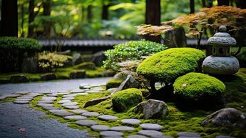 AI generated A zen garden with carefully arranged stones and moss. Generative AI photo