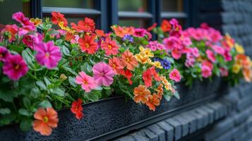 ai generado vistoso lleno de flores ventana caja foto