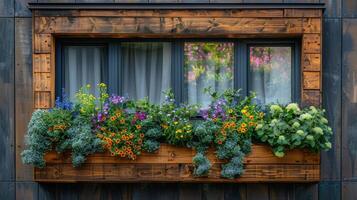 ai generado ventana con un variedad de flores foto