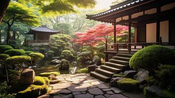 AI generated A zen temple garden with vibrant greenery and flowers. Generative AI photo