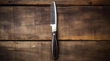 AI generated Barber's scissors and comb on wood surface. Generative AI photo