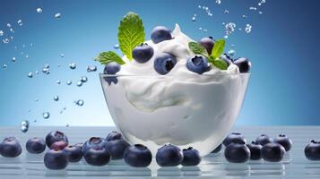 AI generated A blueberry making a delicious splash in a yogurt parfait. Generative AI photo