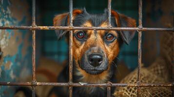 ai generado perro en jaula curioso a cámara foto