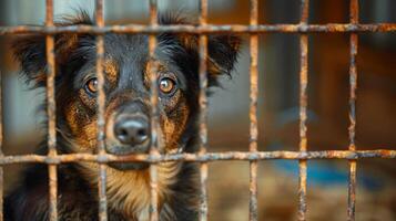 AI generated Dog in Cage Staring at Camera photo