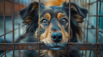 AI generated Dog in Cage Staring at Camera photo