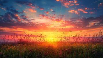 AI generated Sunset Over Field of Flowers photo