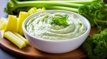 AI generated A celery stick plunging into a pool of vegetable dip. Generative AI photo