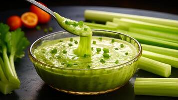 AI generated A celery stick plunging into a pool of vegetable dressing. Generative AI photo