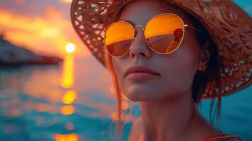 ai generado mujer en sombrero y Gafas de sol en playa foto