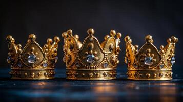 AI generated Three Gold Crowns Displayed Together photo