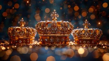 AI generated Three Gold Crowns Displayed Together photo