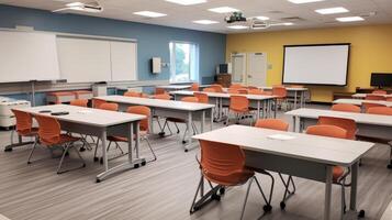 AI generated A classroom with desks arranged in a u-shaped for group activities. Generative AI photo