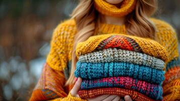 AI generated Woman Holding Stack of Knitted Sweaters photo