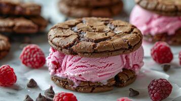 AI generated Stack of Cookies With Ice Cream and Raspberries photo