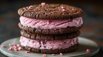 AI generated Stack of Cookies With Ice Cream and Raspberries photo