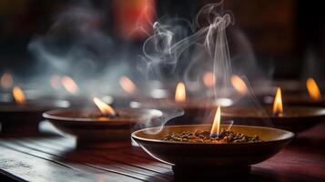 AI generated A closeup of incense burning during a zen ritual. Generative AI photo