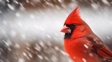 ai generado un de cerca de un rojo cardenal en contra blanco nieve. generativo ai foto