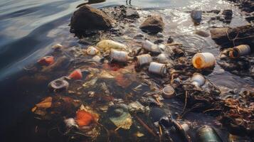 ai generado un de cerca de contaminado agua con visible petróleo brillos, flotante escombros, y basura. generativo ai foto