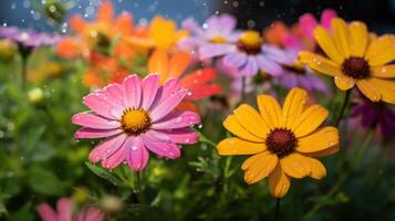 AI generated Rain soaked wildflowers beneath a rainbow. Generative AI photo