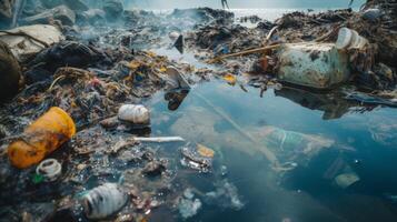 ai generado contaminado agua con visible petróleo brillos, flotante escombros. generativo ai foto