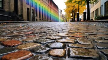 AI generated Rain soaked cobblestone streets with a rainbow. Generative AI photo