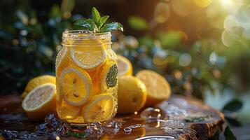 ai generado tarro de limones en de madera mesa foto