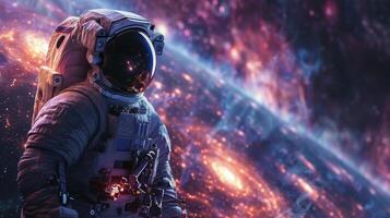 ai generado astronauta en espacio traje en pie antes de estrella lleno cielo foto