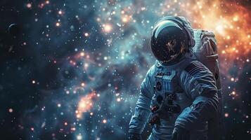 AI generated Astronaut in Space Suit Standing Before Star Filled Sky photo