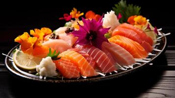 AI generated A colorful and artistic arrangement of fresh sashimi. Generative AI photo
