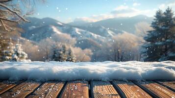 AI generated Snow-Covered Wooden Deck by Forest photo