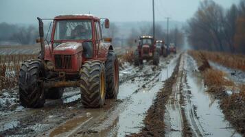 AI generated Couple of Tractors Driving on Muddy Road photo