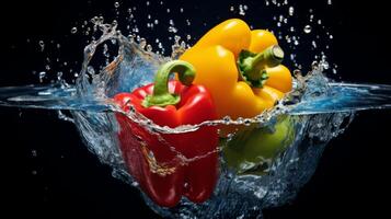 AI generated A colorful bell pepper creating a burst of color in water. Generative AI photo