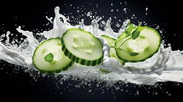 AI generated A cucumber slice creating a cool splash in tzatziki. Generative AI photo